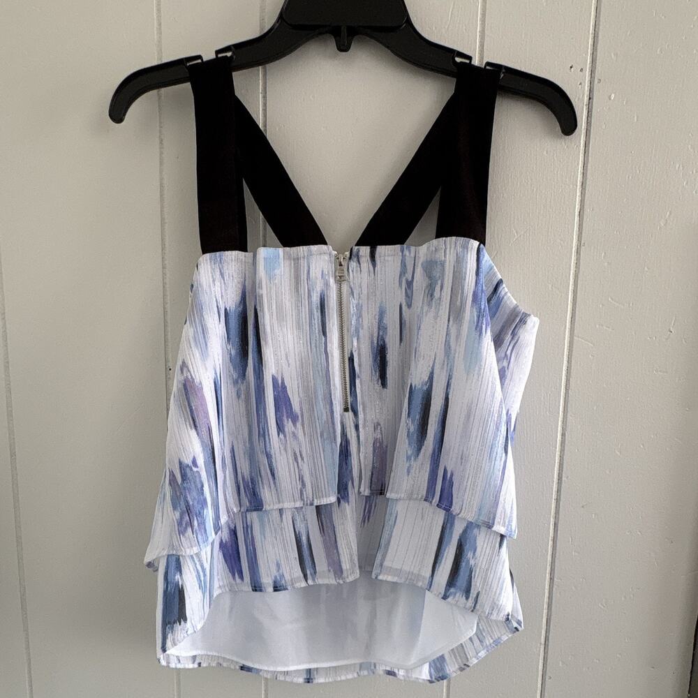 DKNY Women’s Size M Blue/White Abstract Chiffon Tank Cami Square Neck Zip - Picture 7 of 7